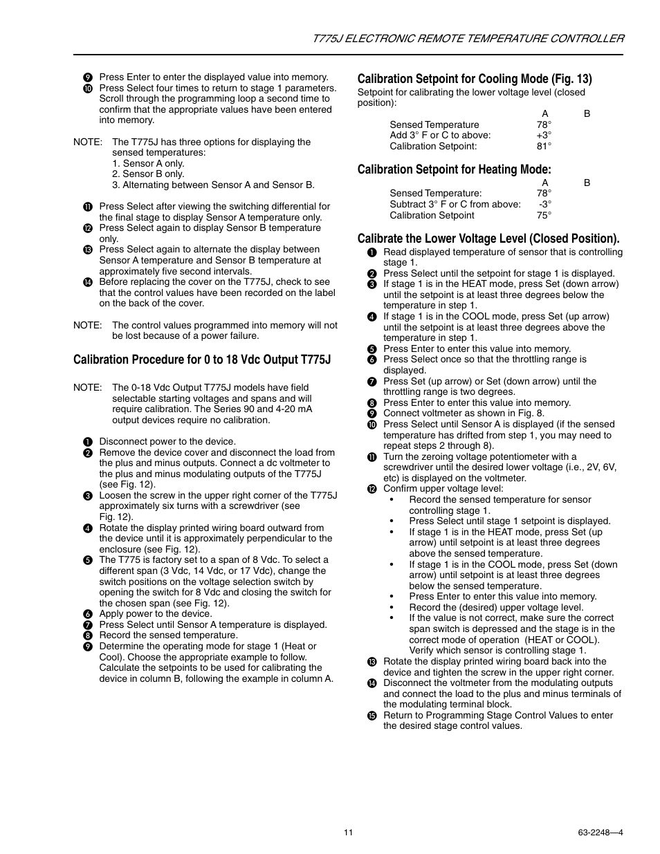 Calibration setpoint for cooling mode (fig. 13), Calibration setpoint for heating mode | Honeywell Electronic Remote Temperature Controller T775J User Manual | Page 11 / 20