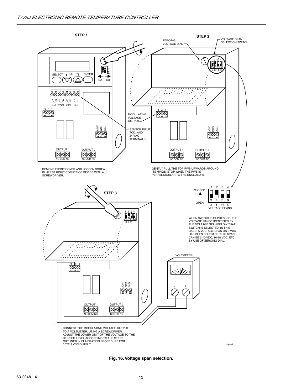 T775j electronic remote temperature controller, Fig. 16. voltage span selection | Honeywell Electronic Remote Temperature Controller T775J User Manual | Page 12 / 20