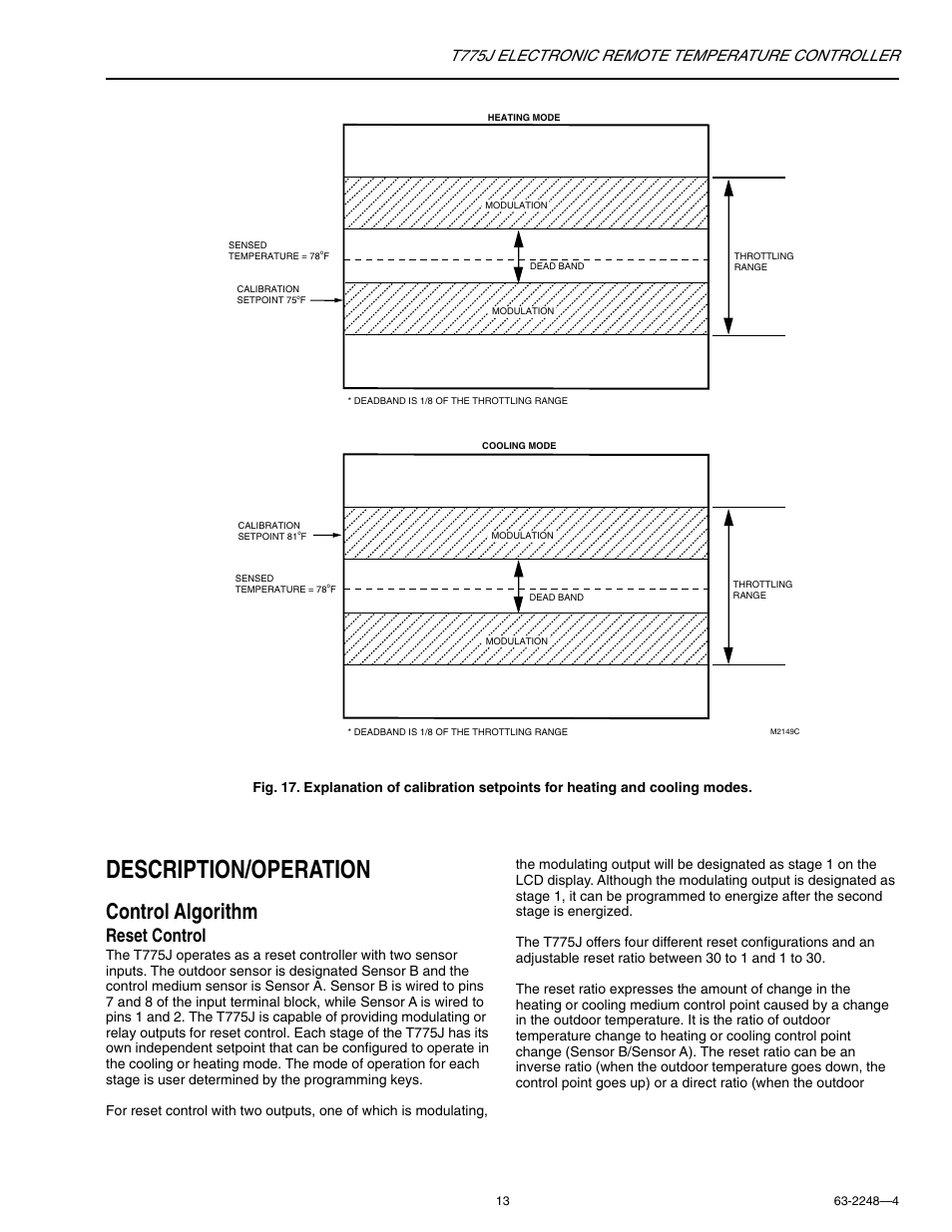 Description/operation, Control algorithm, Reset control | T775j electronic remote temperature controller | Honeywell Electronic Remote Temperature Controller T775J User Manual | Page 13 / 20