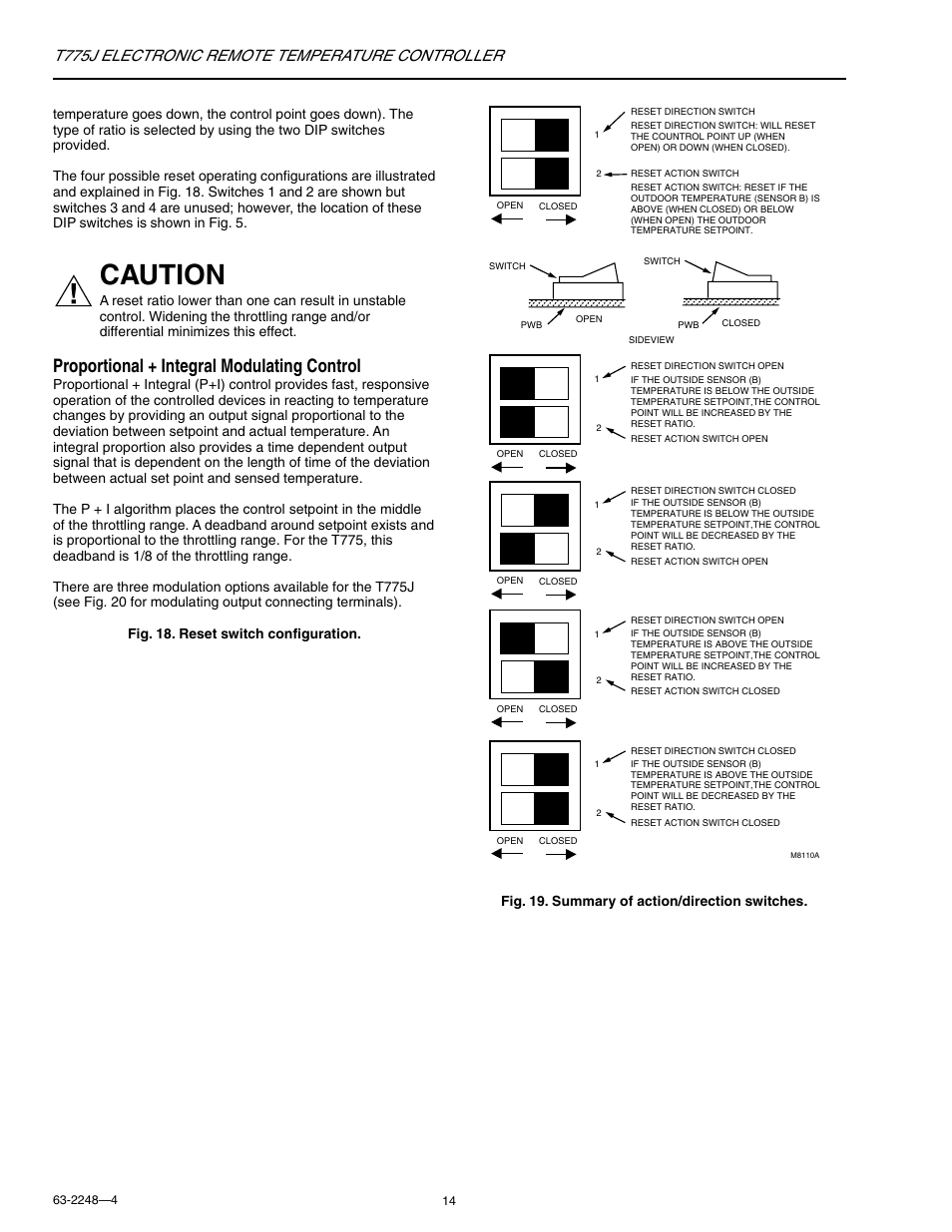 Caution, Proportional + integral modulating control, T775j electronic remote temperature controller | Honeywell Electronic Remote Temperature Controller T775J User Manual | Page 14 / 20