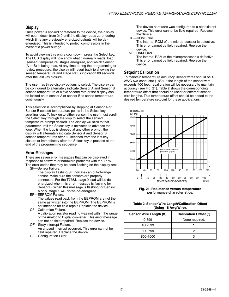 Display, Error messages, Setpoint calibration | T775j electronic remote temperature controller | Honeywell Electronic Remote Temperature Controller T775J User Manual | Page 17 / 20