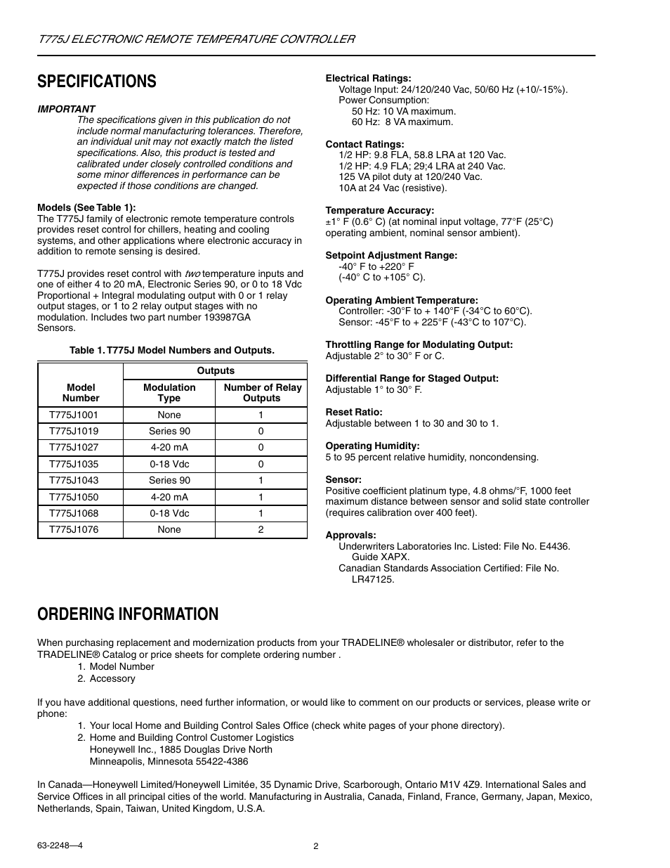 Specifications, Ordering information | Honeywell Electronic Remote Temperature Controller T775J User Manual | Page 2 / 20