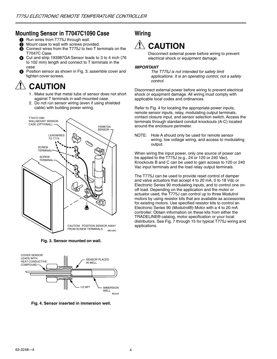 Caution, Wiring | Honeywell Electronic Remote Temperature Controller T775J User Manual | Page 4 / 20