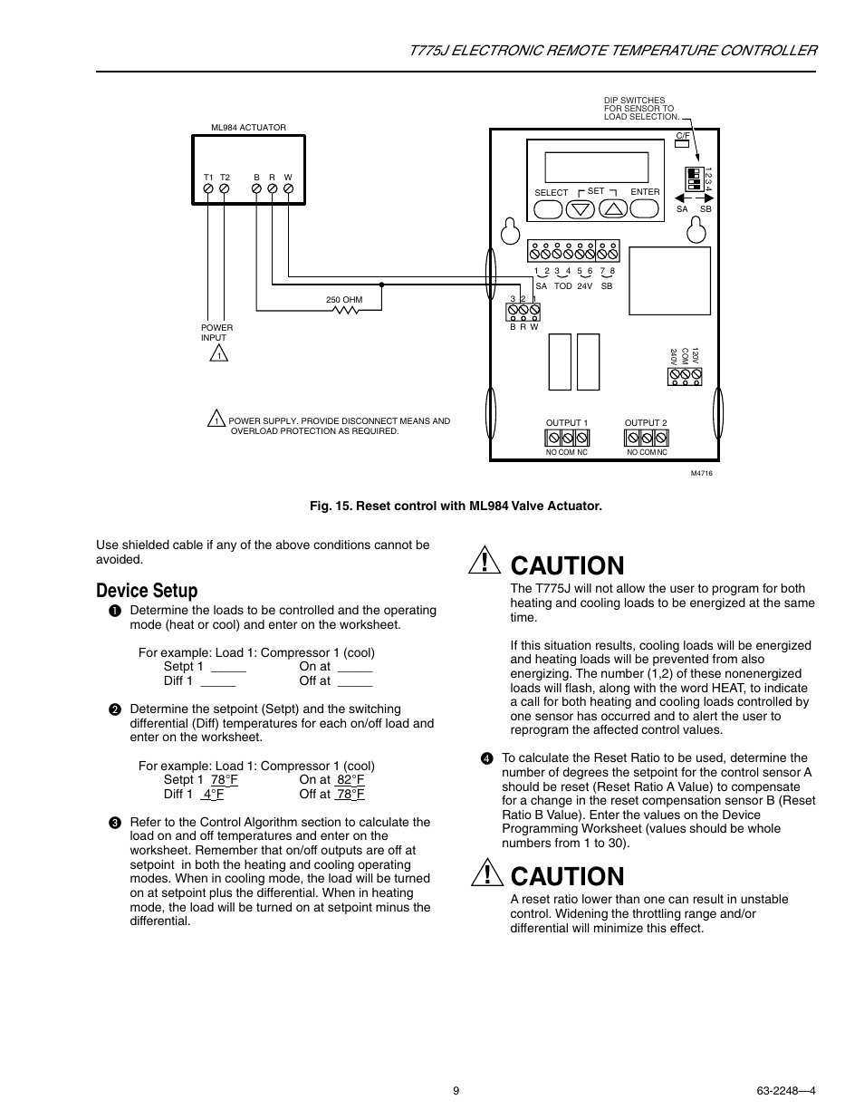Caution, Device setup, T775j electronic remote temperature controller | Honeywell Electronic Remote Temperature Controller T775J User Manual | Page 9 / 20