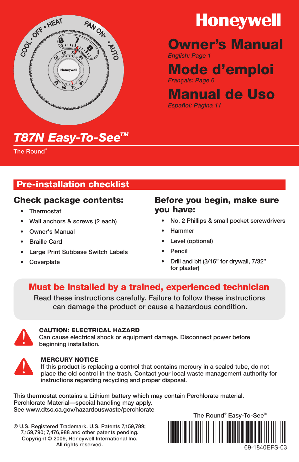 Honeywell EASY-TO-SEE T87N User Manual | 16 pages