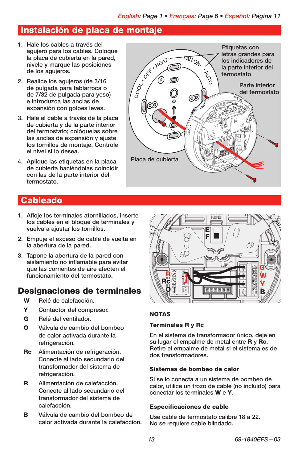 Cableado, Instalación de placa de montaje, Designaciones de terminales | Honeywell EASY-TO-SEE T87N User Manual | Page 13 / 16