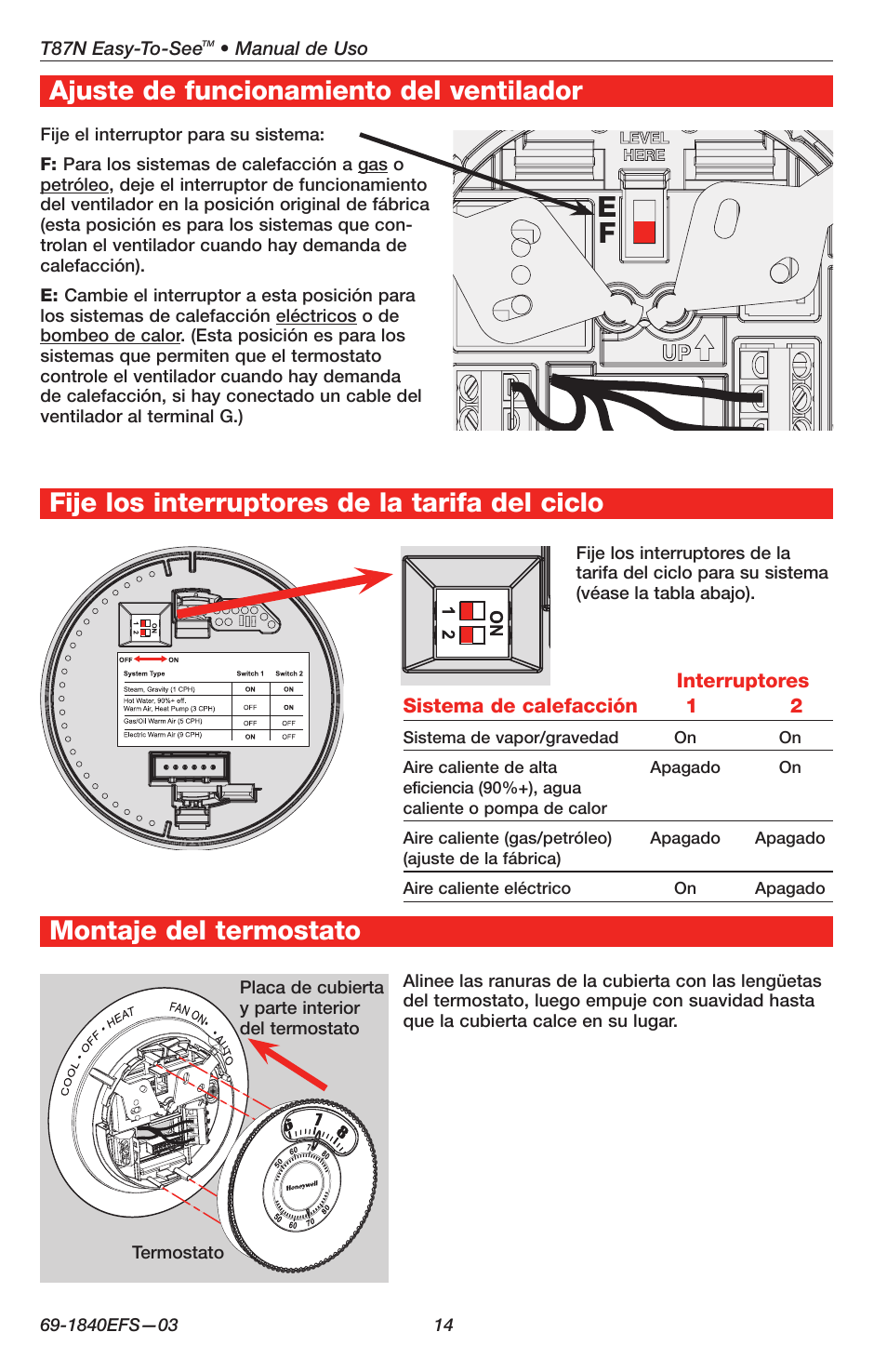 Montaje del termostato | Honeywell EASY-TO-SEE T87N User Manual | Page 14 / 16