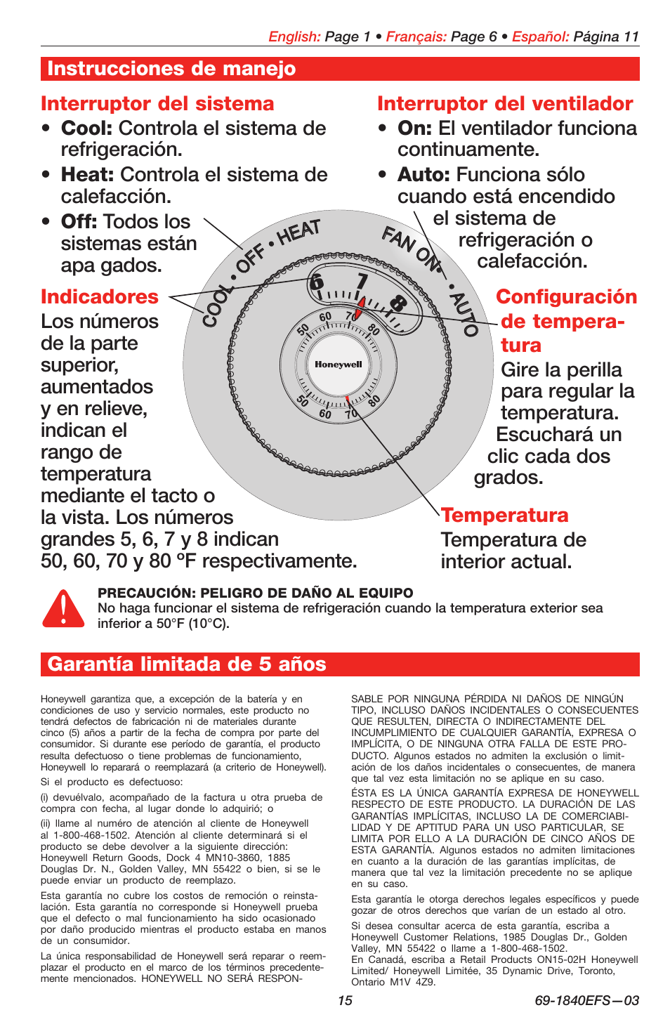 Co ol • o ff • h eat fan o n• • a ut o | Honeywell EASY-TO-SEE T87N User Manual | Page 15 / 16