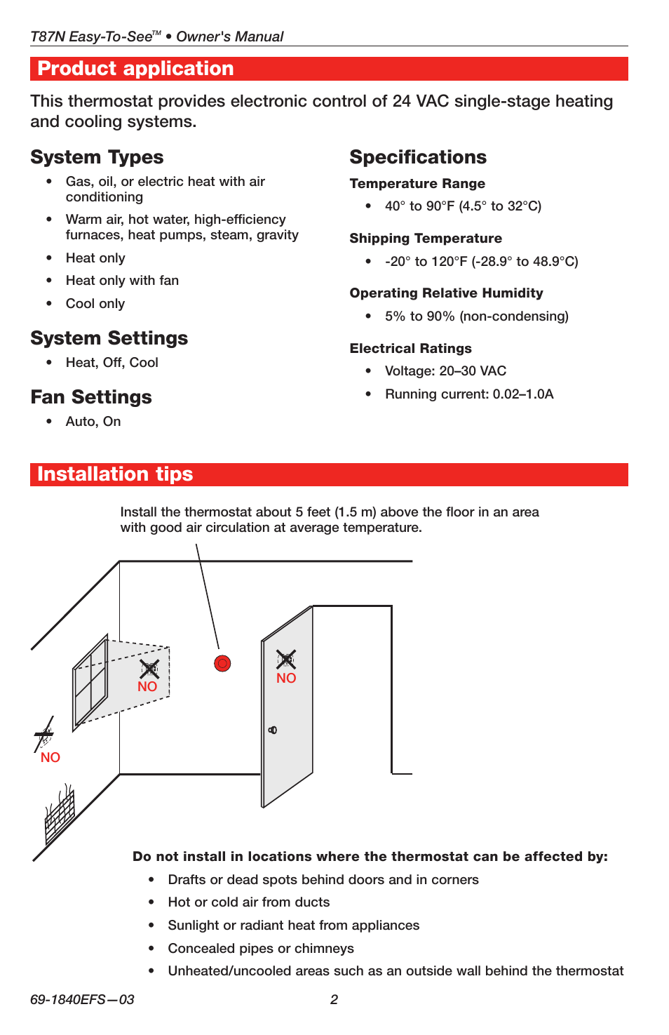 Installation tips product application, System types, System settings | Fan settings, Specifications | Honeywell EASY-TO-SEE T87N User Manual | Page 2 / 16