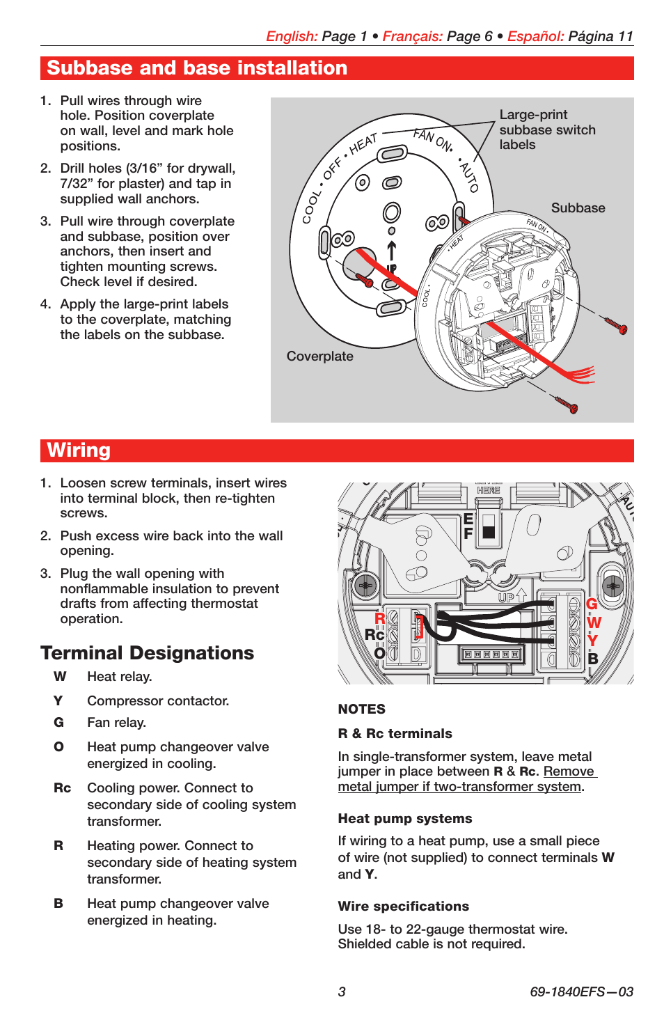 Wiring, Subbase and base installation, Terminal designations | Honeywell EASY-TO-SEE T87N User Manual | Page 3 / 16