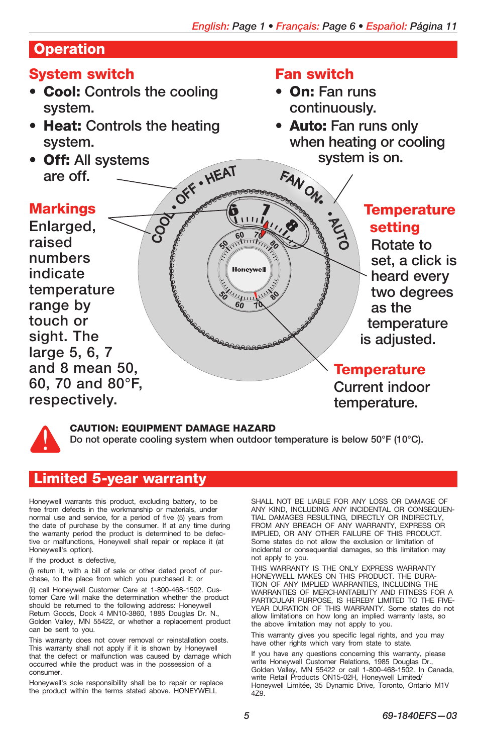 Co ol • o ff • h eat fan o n• • a ut o | Honeywell EASY-TO-SEE T87N User Manual | Page 5 / 16