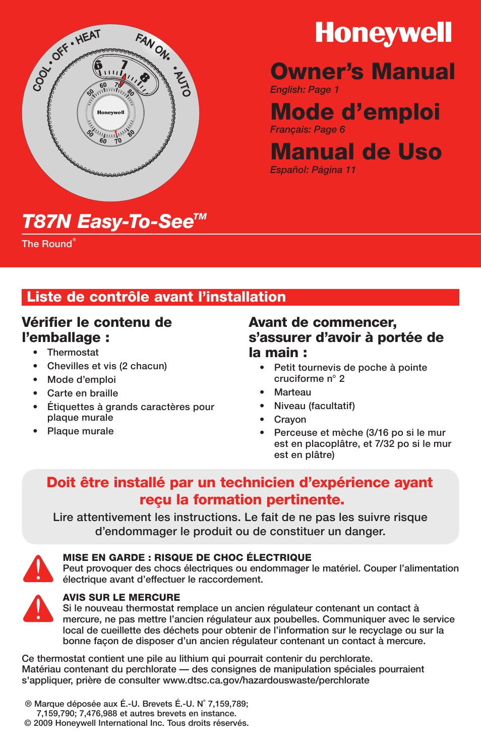 Owner’s manual, Mode d’emploi, Manual de uso | T87n easy-to-see, Vérifier le contenu de l’emballage | Honeywell EASY-TO-SEE T87N User Manual | Page 6 / 16