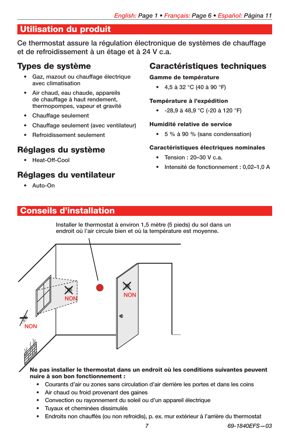 Conseils d’installation utilisation du produit, Types de système, Réglages du système | Réglages du ventilateur, Caractéristiques techniques | Honeywell EASY-TO-SEE T87N User Manual | Page 7 / 16