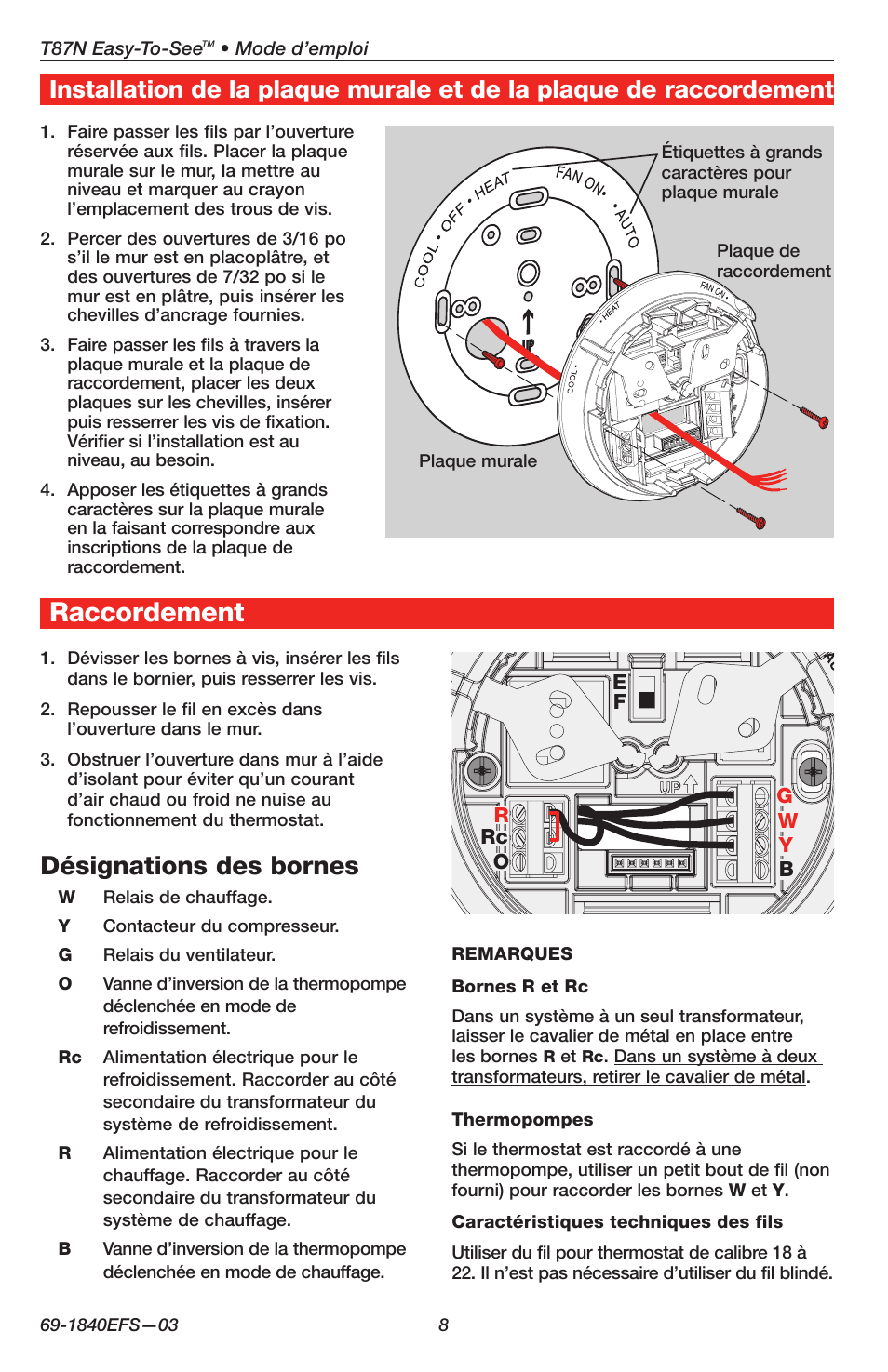 Raccordement, Désignations des bornes | Honeywell EASY-TO-SEE T87N User Manual | Page 8 / 16