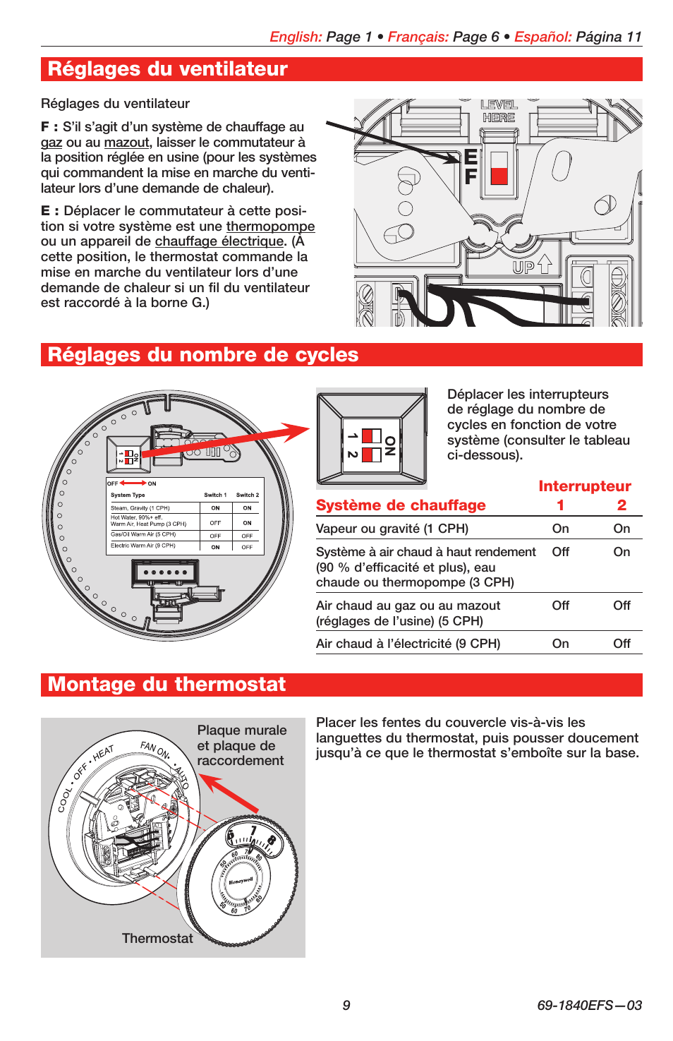 Montage du thermostat | Honeywell EASY-TO-SEE T87N User Manual | Page 9 / 16