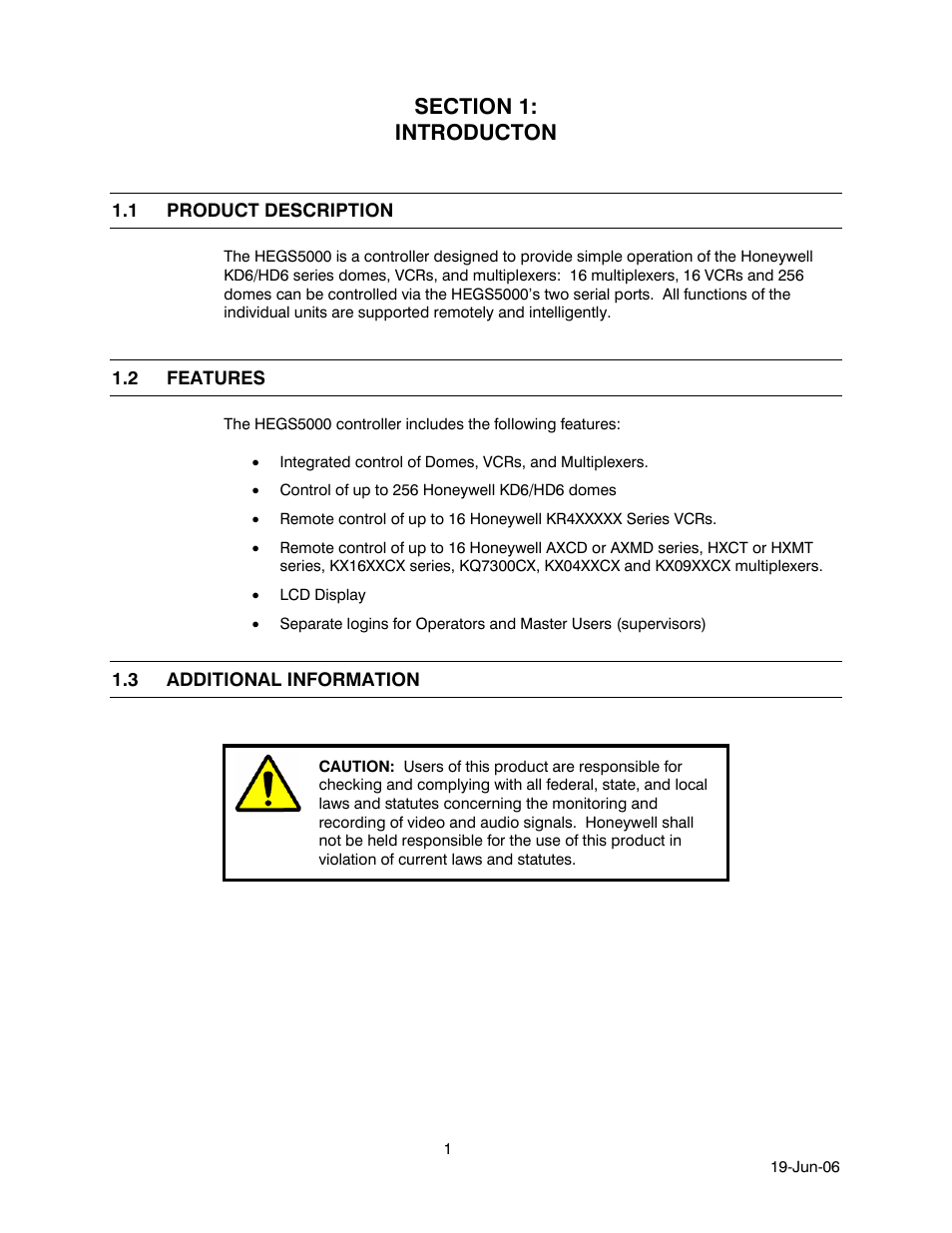 Section 1: introducton, 1 product description, 2 features | 3 additional information, Product description, Features, Additional information | Honeywell HEGS5001 User Manual | Page 11 / 68