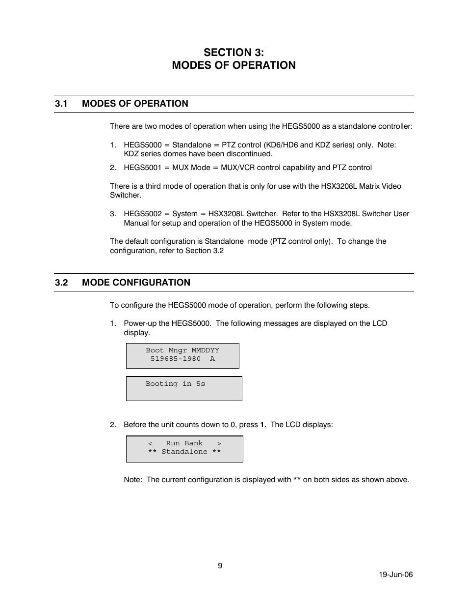 Section 3: modes of operation, 1 modes of operation, 2 mode configuration | Modes of operation, Mode configuration | Honeywell HEGS5001 User Manual | Page 19 / 68