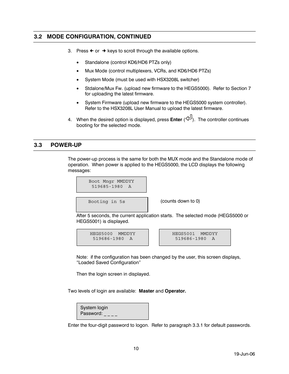 2 mode configuration, continued, 3 power-up, Power-up | Honeywell HEGS5001 User Manual | Page 20 / 68