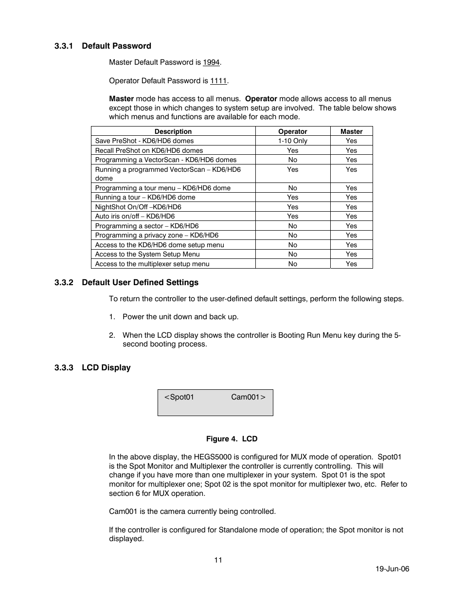 1 default password, 2 default user defined settings, 3 lcd display | Default password, Default user defined settings, Lcd display, Figure 4. lcd | Honeywell HEGS5001 User Manual | Page 21 / 68