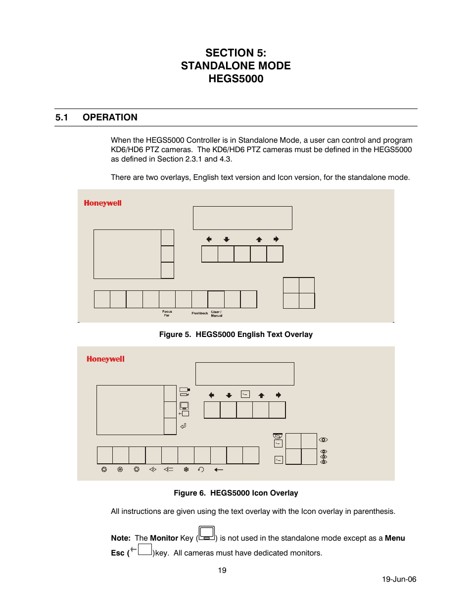 Section 5: standalone mode hegs5000, 1 operation, Operation | Figure 5. hegs5000 english text overlay, Figure 6. hegs5000 icon overlay | Honeywell HEGS5001 User Manual | Page 29 / 68