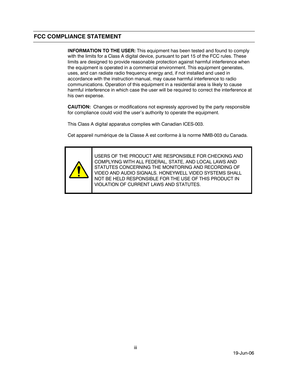 Fcc compliance statement | Honeywell HEGS5001 User Manual | Page 3 / 68