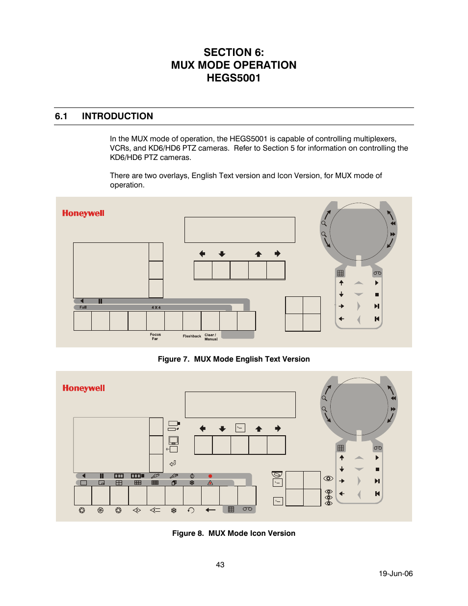 Section 6: mux mode operation hegs5001, 1 introduction, Introduction | Figure 7. mux mode english text version, Figure 8. mux mode icon version | Honeywell HEGS5001 User Manual | Page 53 / 68