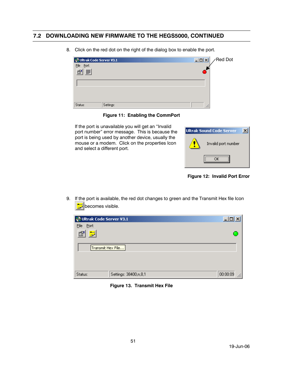 Figure 11: enabling the commport, Figure 12: invalid port error, Figure 13. transmit hex file | Honeywell HEGS5001 User Manual | Page 61 / 68