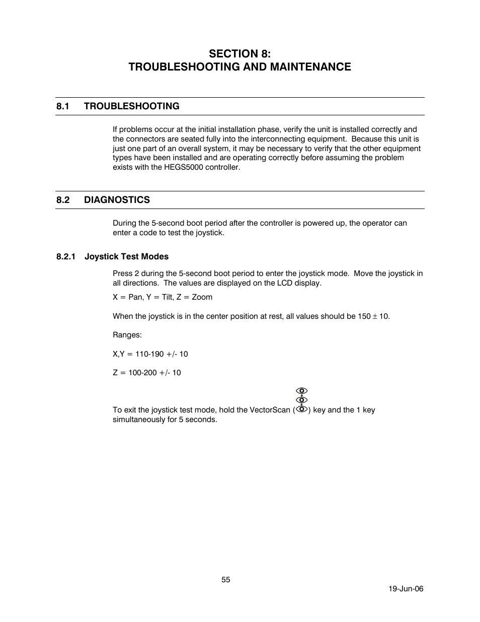 Section 8: troubleshooting and maintenance, 1 troubleshooting, 2 diagnostics | 1 joystick test modes, Troubleshooting, Diagnostics, Joystick test modes | Honeywell HEGS5001 User Manual | Page 65 / 68