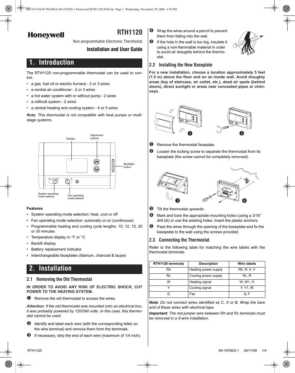 Honeywell RTH1120 User Manual | 8 pages