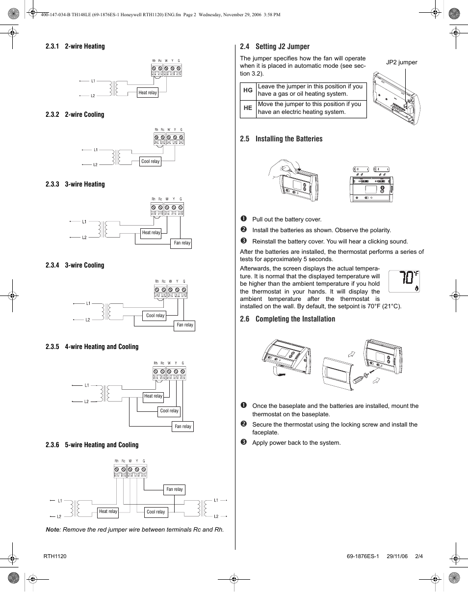 Honeywell RTH1120 User Manual | Page 2 / 8