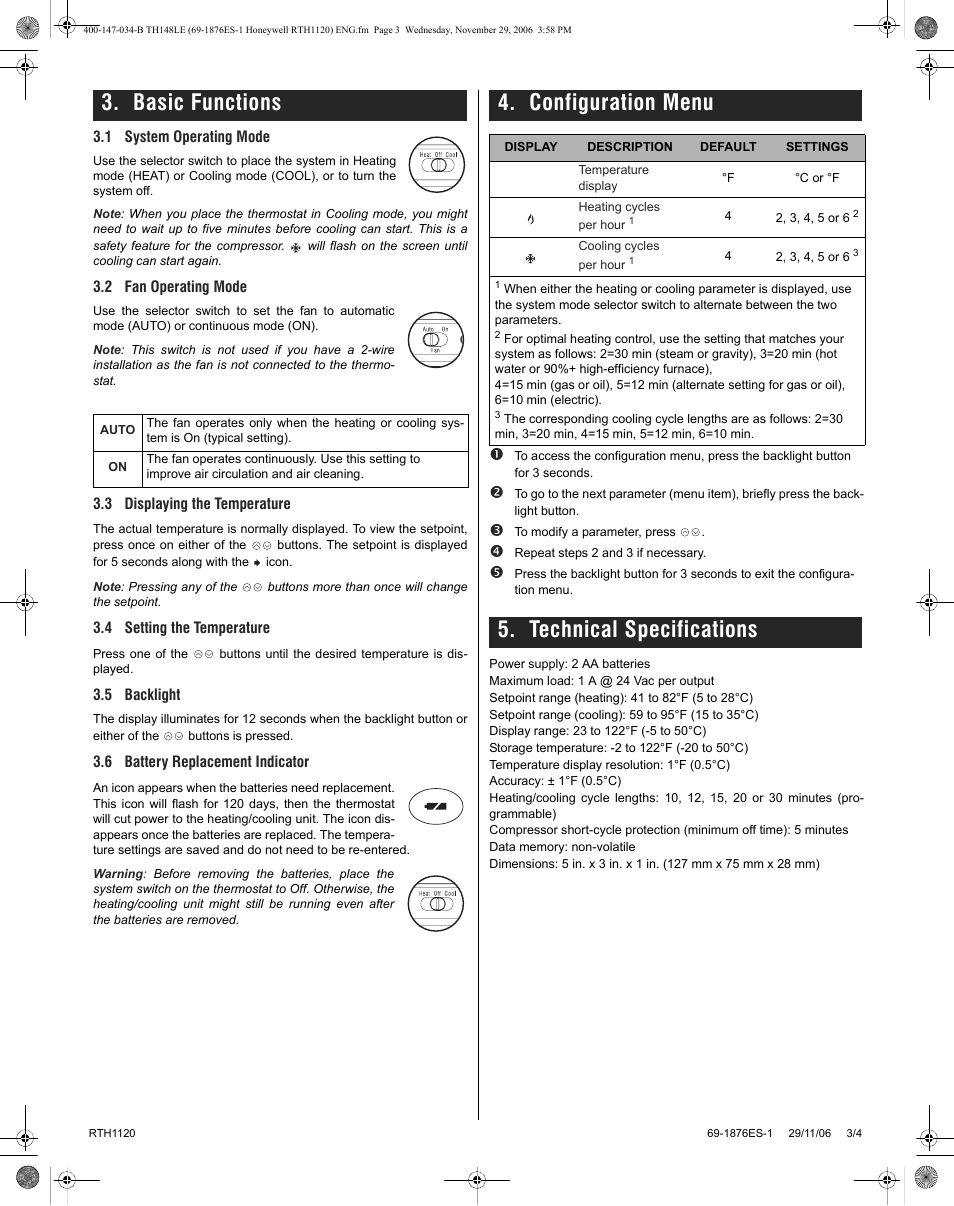 Basic functions, Configuration menu, Technical specifications | Honeywell RTH1120 User Manual | Page 3 / 8