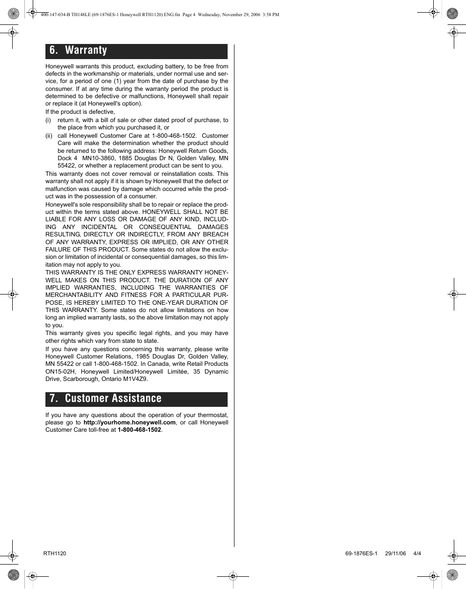 Warranty 7. customer assistance | Honeywell RTH1120 User Manual | Page 4 / 8