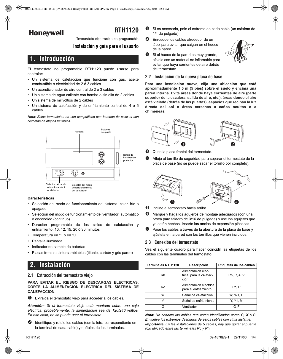 Instalación y guía para el usuario | Honeywell RTH1120 User Manual | Page 5 / 8