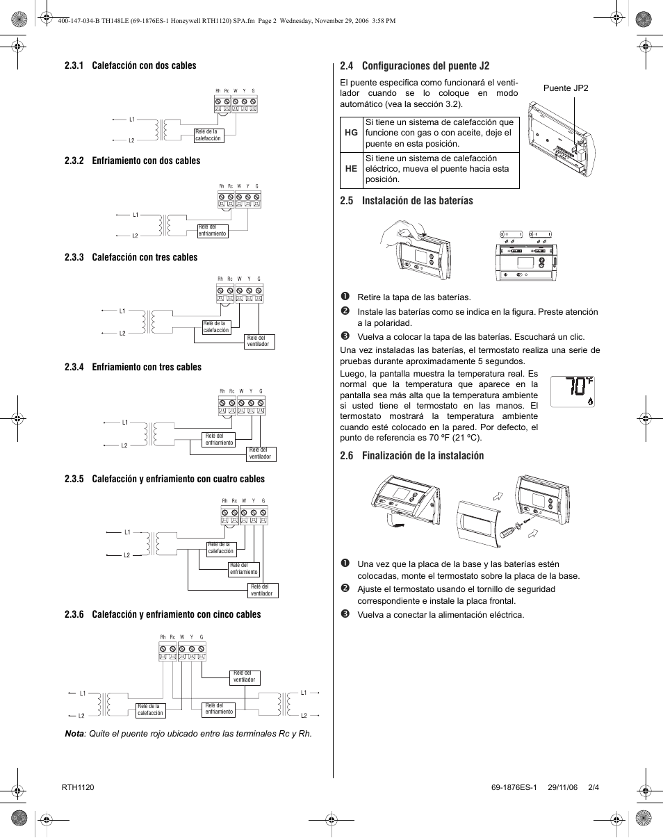 4 configuraciones del puente j2, 5 instalación de las baterías, 6 finalización de la instalación | Honeywell RTH1120 User Manual | Page 6 / 8