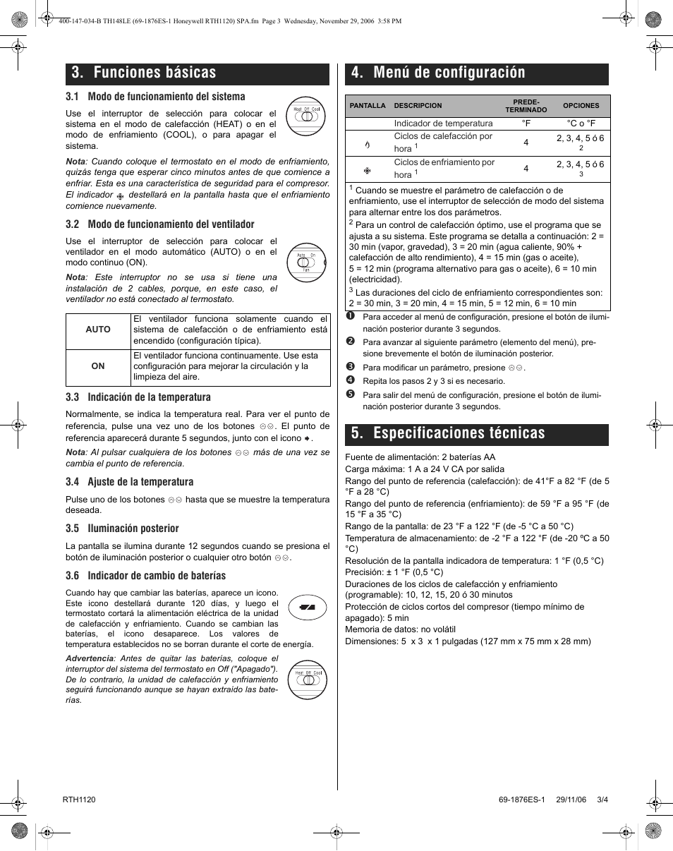 Funciones básicas, Menú de configuración, Especificaciones técnicas | Honeywell RTH1120 User Manual | Page 7 / 8