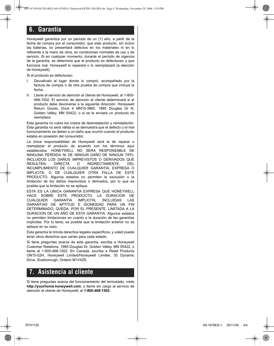 Garantía 7. asistencia al cliente | Honeywell RTH1120 User Manual | Page 8 / 8