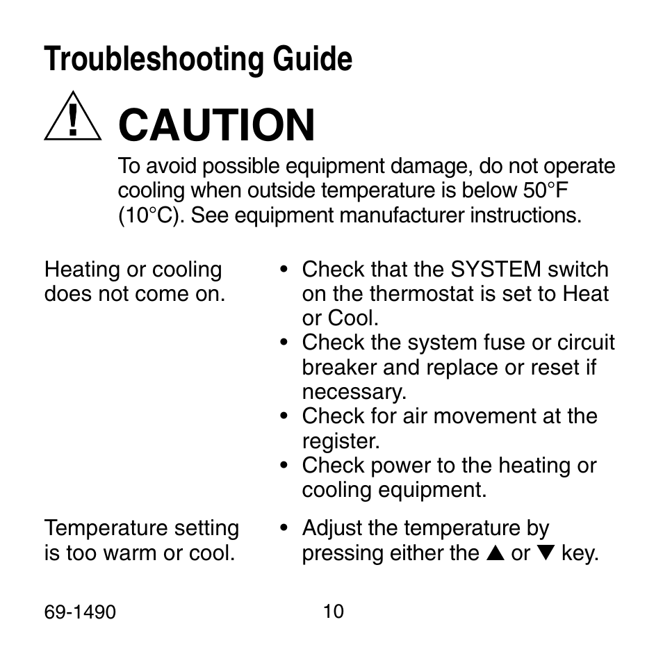 Caution, Troubleshooting guide | Honeywell 69-1490 User Manual | Page 10 / 12