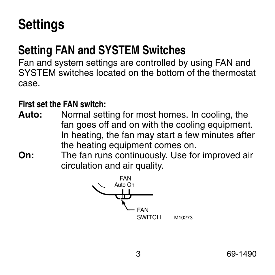 Settings, Setting fan and system switches | Honeywell 69-1490 User Manual | Page 3 / 12