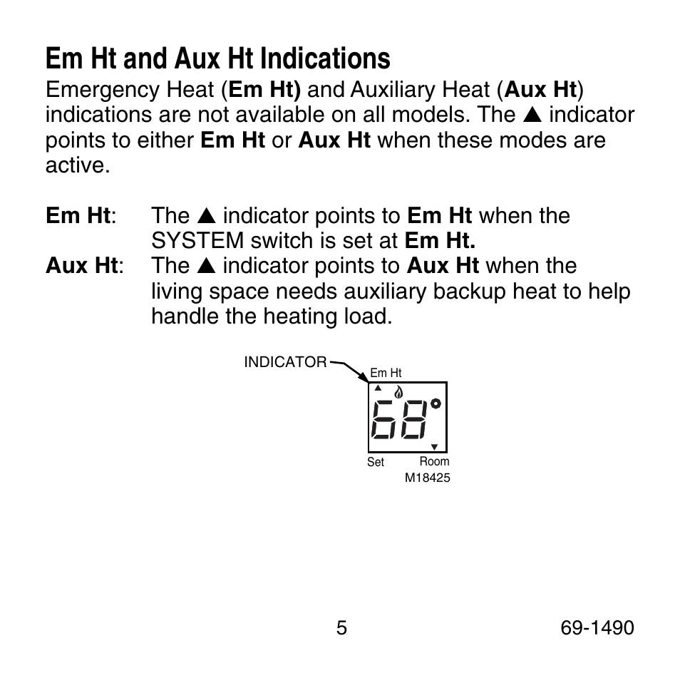 Em ht and aux ht indications | Honeywell 69-1490 User Manual | Page 5 / 12