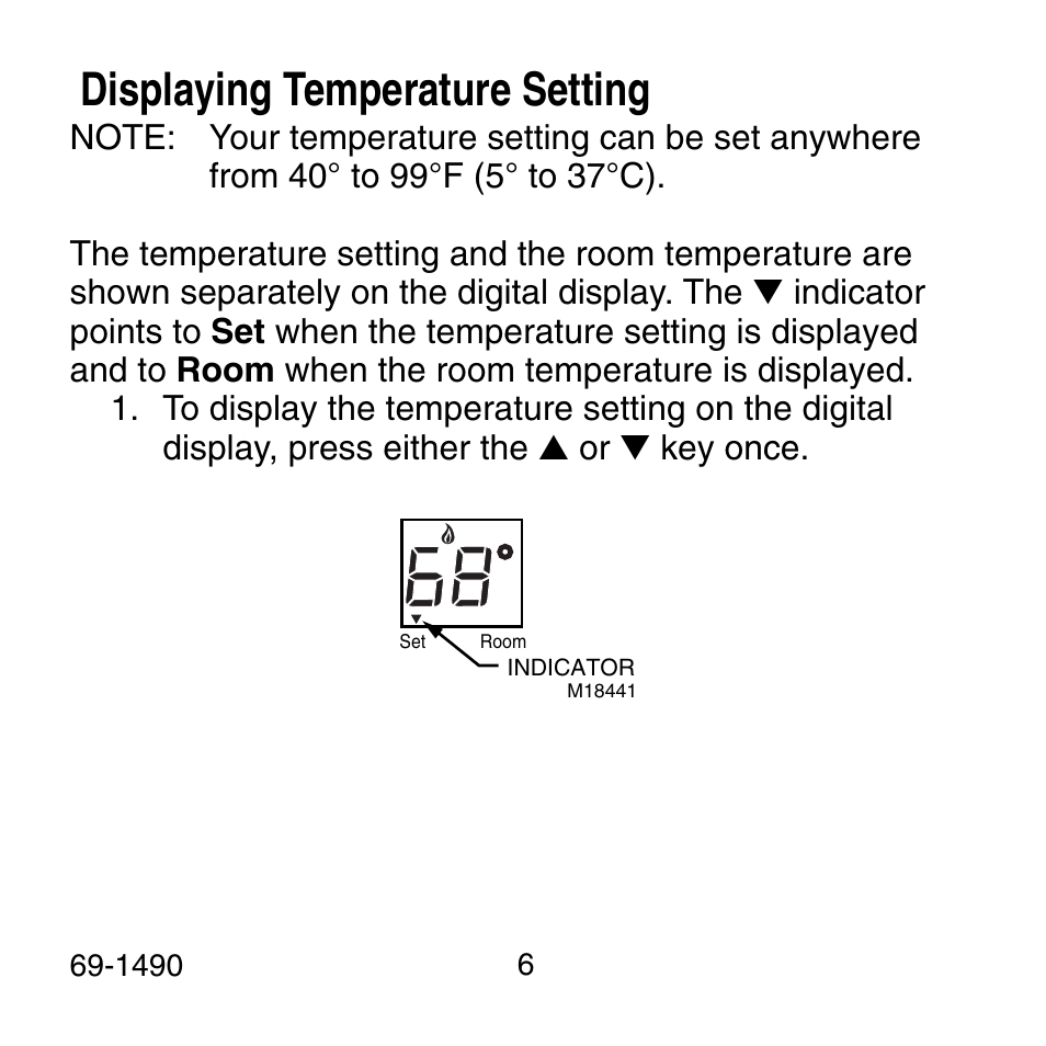 Displaying temperature setting | Honeywell 69-1490 User Manual | Page 6 / 12