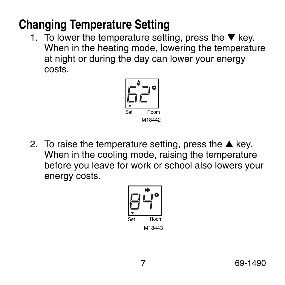 Changing temperature setting | Honeywell 69-1490 User Manual | Page 7 / 12