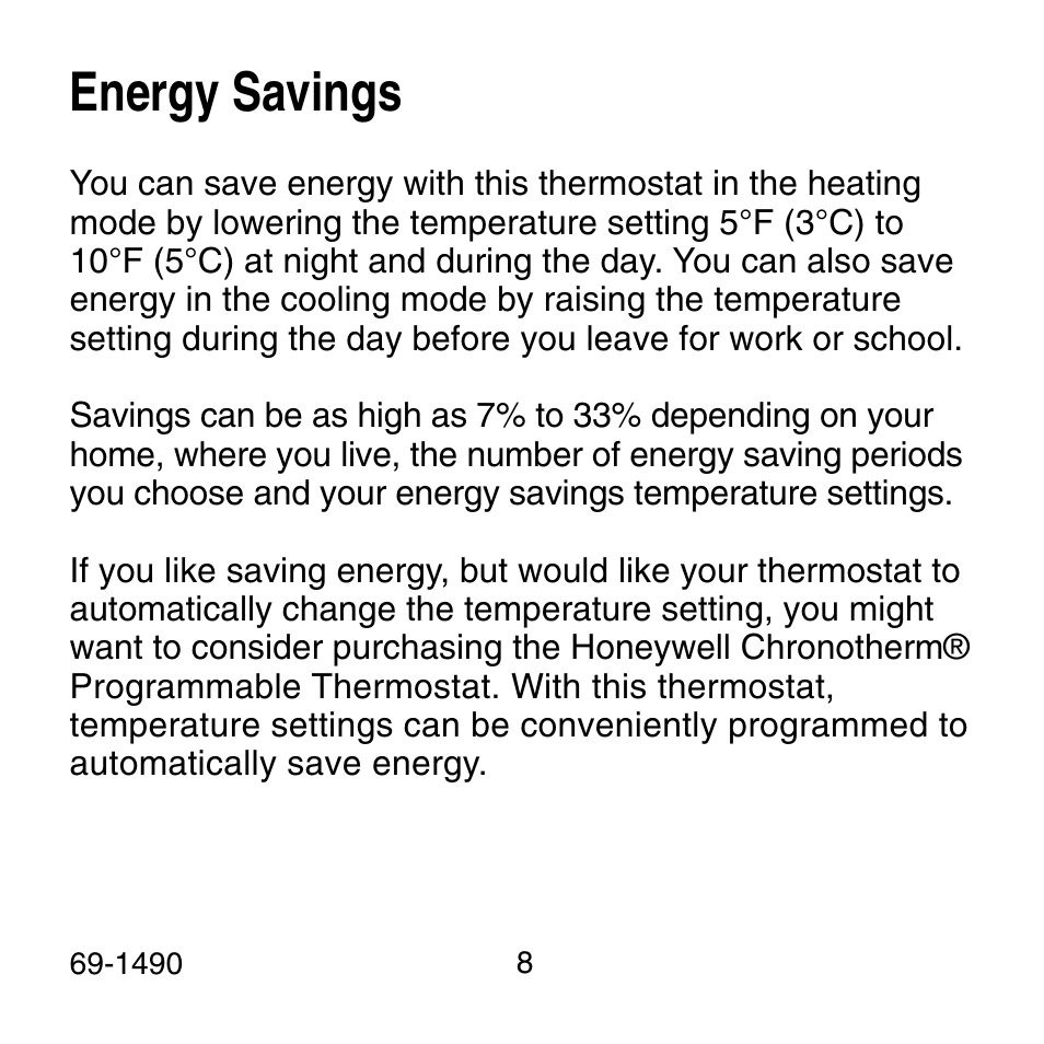 Energy savings | Honeywell 69-1490 User Manual | Page 8 / 12