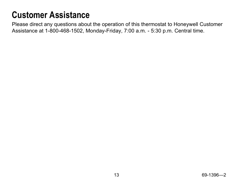 Customer assistance | Honeywell CHRONOTHERM T4700 User Manual | Page 13 / 16
