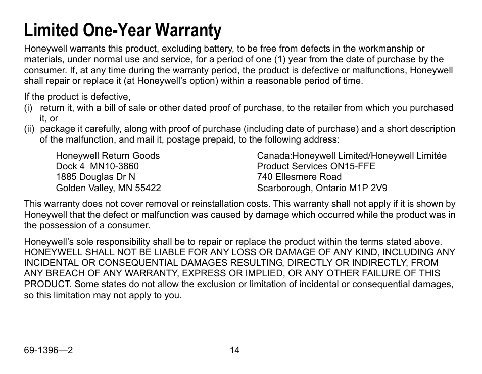 Limited one-year warranty | Honeywell CHRONOTHERM T4700 User Manual | Page 14 / 16