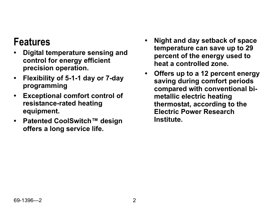 Features | Honeywell CHRONOTHERM T4700 User Manual | Page 2 / 16