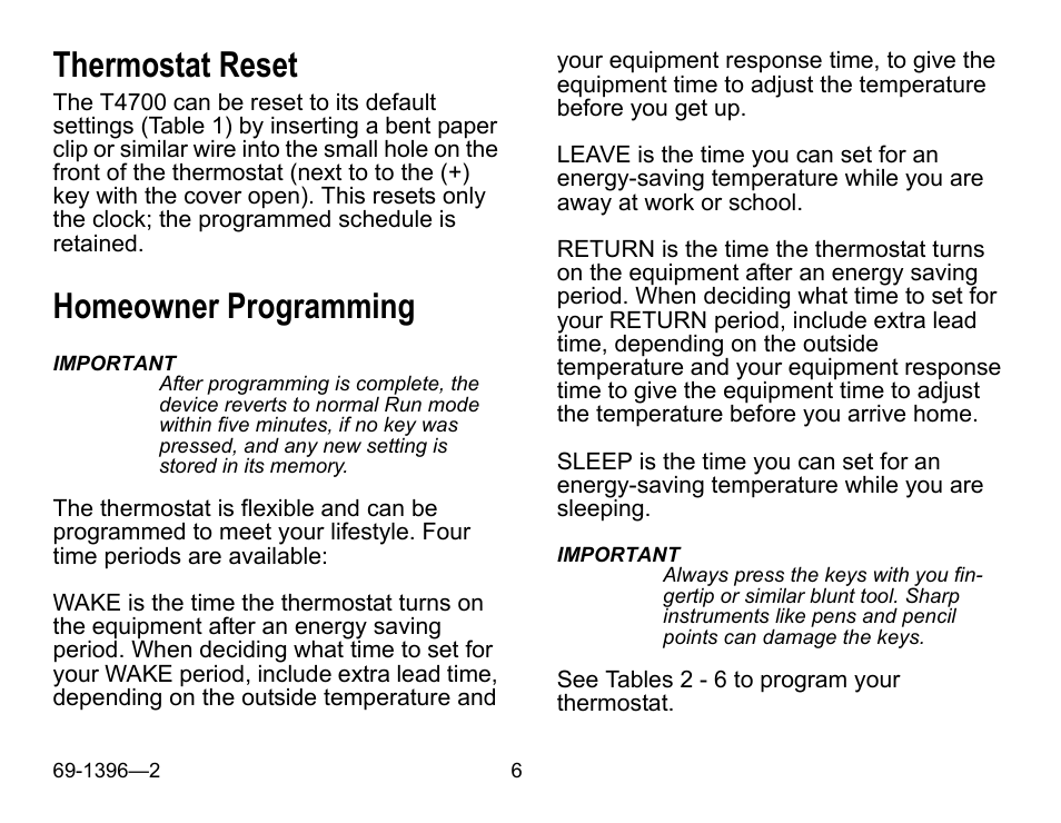 Thermostat reset, Homeowner programming | Honeywell CHRONOTHERM T4700 User Manual | Page 6 / 16