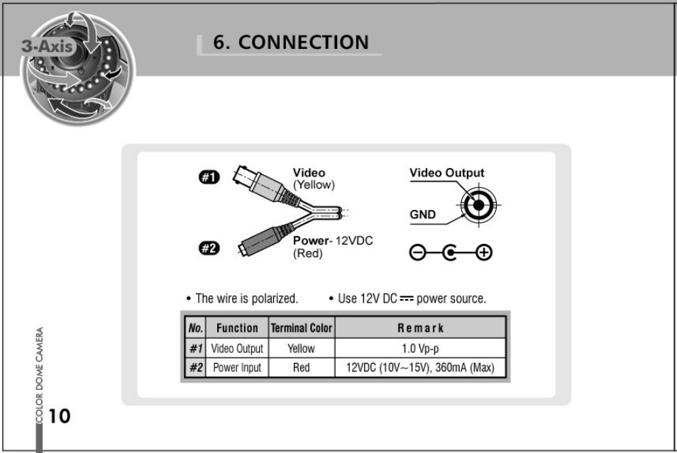 Connection, The wire is polarized. use 12v dc — power source | Honeywell HD73 User Manual | Page 10 / 40