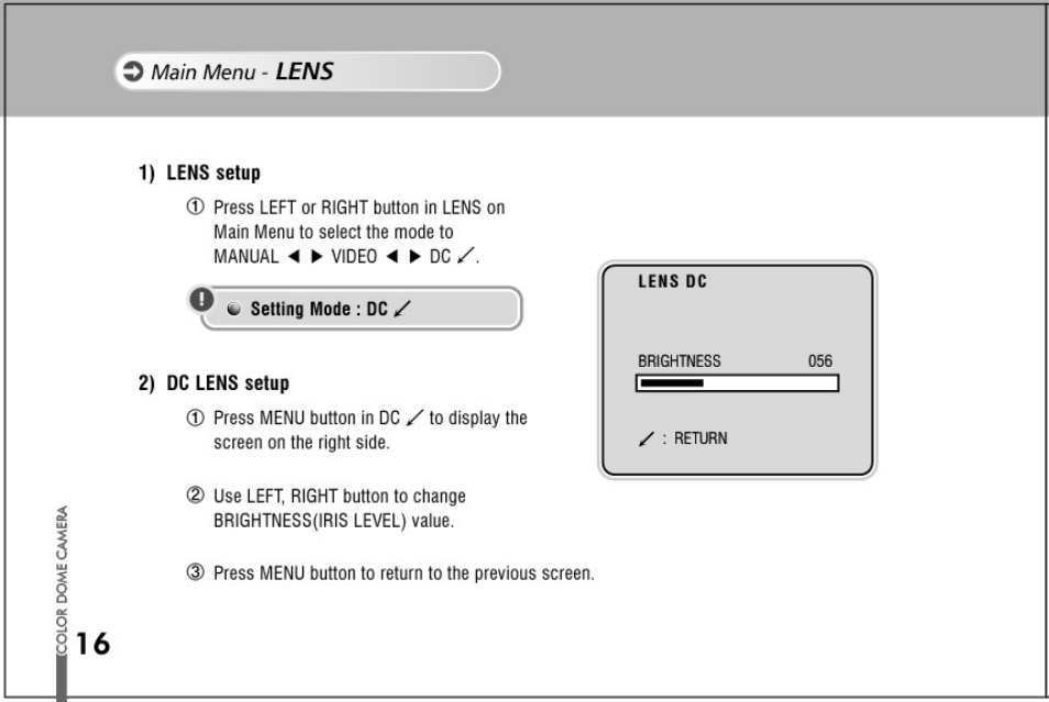 Main menu, Lens, Oc o | Honeywell HD73 User Manual | Page 16 / 40