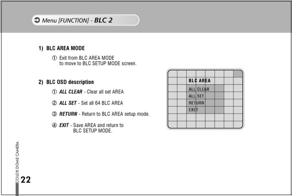 1) blc area mode, 2) blc osd description, All clear | Ball set-sei, Return, Exit, Blc 2 | Honeywell HD73 User Manual | Page 22 / 40