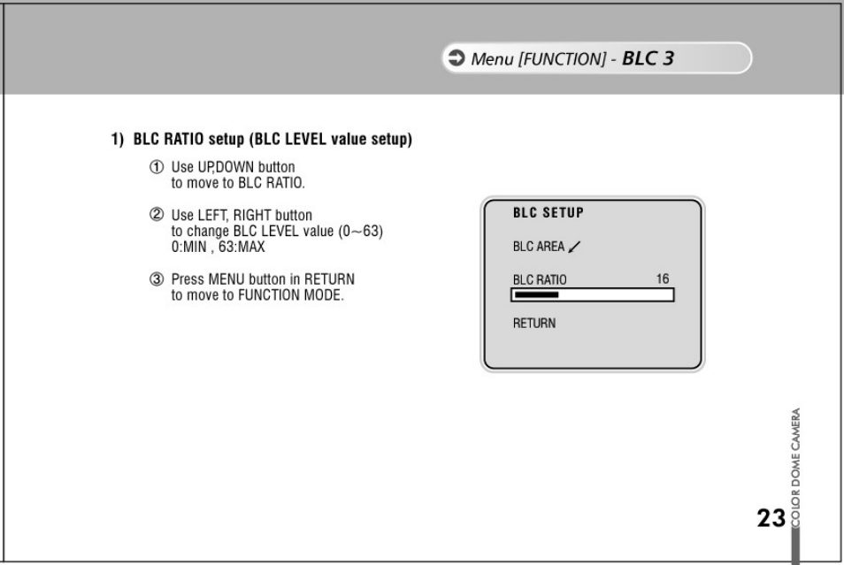 1) blc ratio setup (blc level value setup), Blc 3 | Honeywell HD73 User Manual | Page 23 / 40